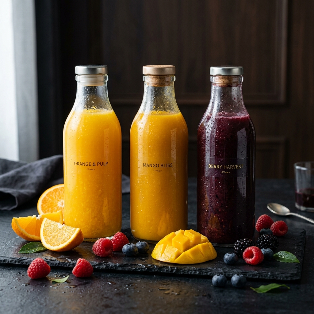 Premium plain glass juice bottles with real fruit and pulp